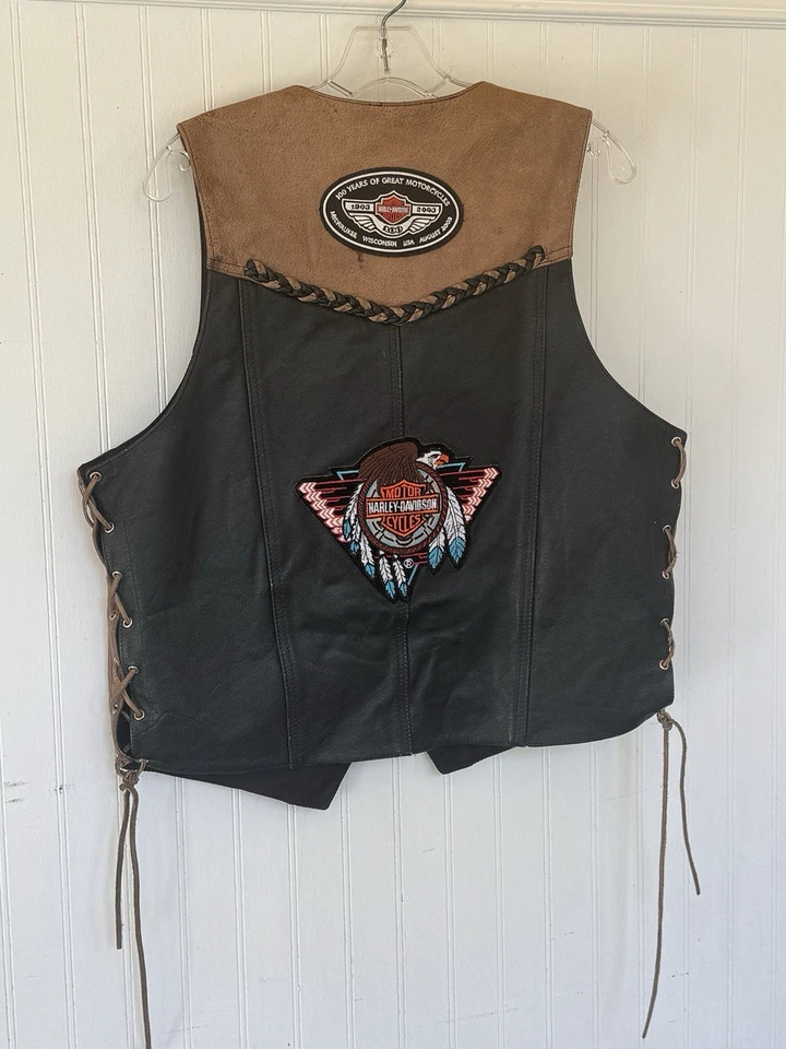 Chaleco de motociclista Harley de cuero Hudson para mujer pequeño marrón trenzado con cordones Foto 3 de 4