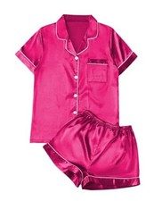 Women's Silk Satin Pajama Set Striped Button Up Pjs Short Small Solid Hot Pink