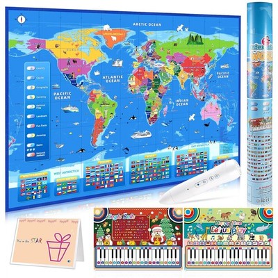 Interactive World Map Kids Ages 5-12 Educational Talking Pen Geography