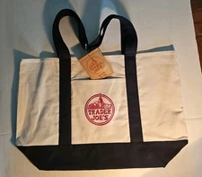 Trader Joe’s Blue/Cream White Heavy Duty Reusable Canvas Eco Tote Bag Large NWT