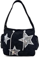 Y2K Style Corduroy Canvas Bag Sequin Star Women's Hobo Handbag New