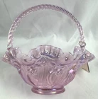 Vtg Pink Opalescent Ruffled Edges Fenton Glass Basket Twisted Handle Signed