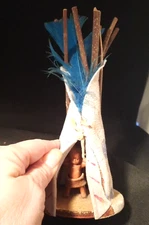 VTG 1950s Native American Handmade Wood Leather Souvenir Teepee Thunderbird Baby