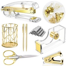Gold Desk Accessories  Office Supplies Set Acrylic Stapler Set Staple Remover,...