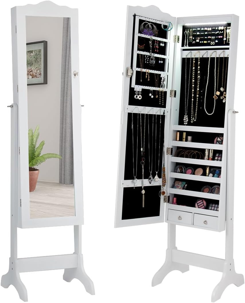 Armadietto Specchiera Portagioie LED con Serratura e Corona Bianco