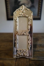Vintage Ornate Silver Tone Double Picture Frame Baroque Rococo Style Holds 2x3”