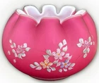 FENTON ROSE COLORED SATIN GLASS BOWL/VASE DECORATED Vintage With Multi  Flowers