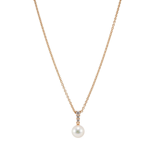 Mikimoto Morning Dew 18K Rose Gold 3 Diamonds 10MM Pearl Pendant Necklace