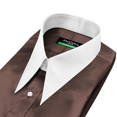 Mens 30s Long Pointed Spear Collar Shirt Choco Brown Satin Retro Disco Partywear