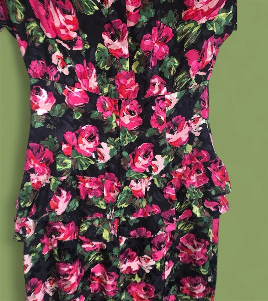 Vestido midi vintage años 80 Maggy London floral peplum estampado rosa 100 % seda talla 6 Foto 3 de 4