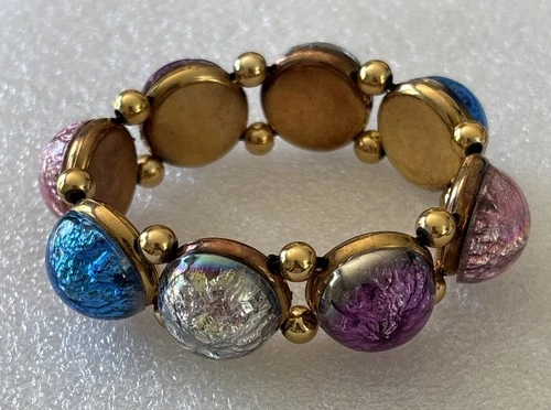 Vintage Plastic Foil Cabochon Stretch Bracelet Costume Jewelry Faux Gems NOS