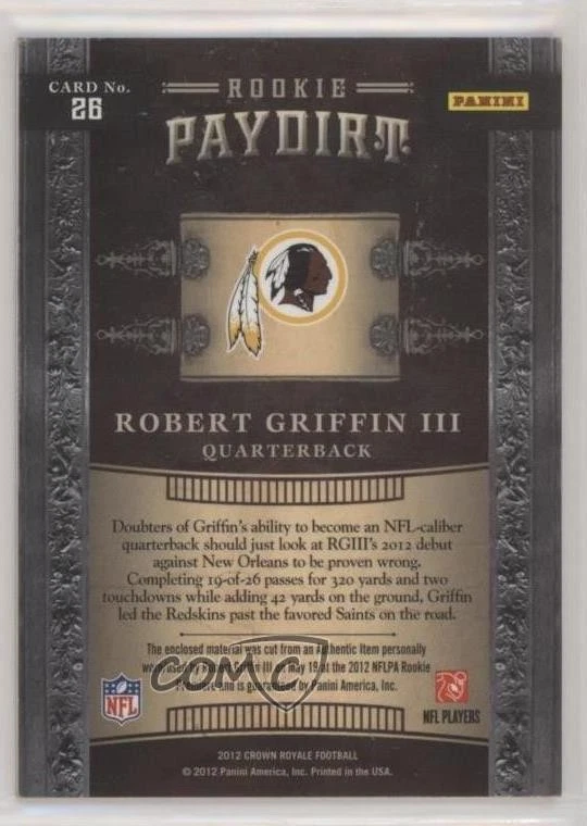 2012 Crown Royale Rookie Paydirt Materials Retail Robert Griffin III #26 RC - Image 2 of 2