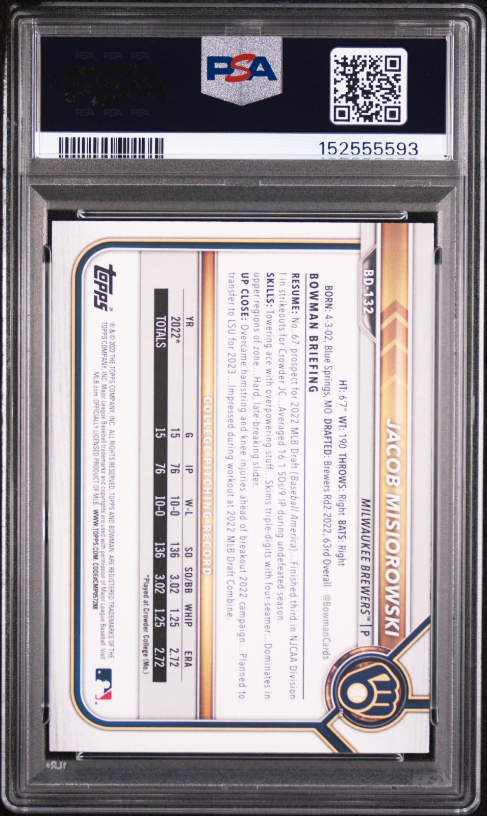 2022 BOWMAN DRAFT #BD132 JACOB MISIOROWSKI PSA 10 view 2