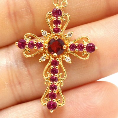 3Ct Round Cut Red Ruby Diamond Cross 