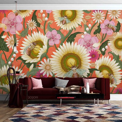 3D Sunflower Flower Bee Watercolor Self-adhesive Removable Wallpaper Murals