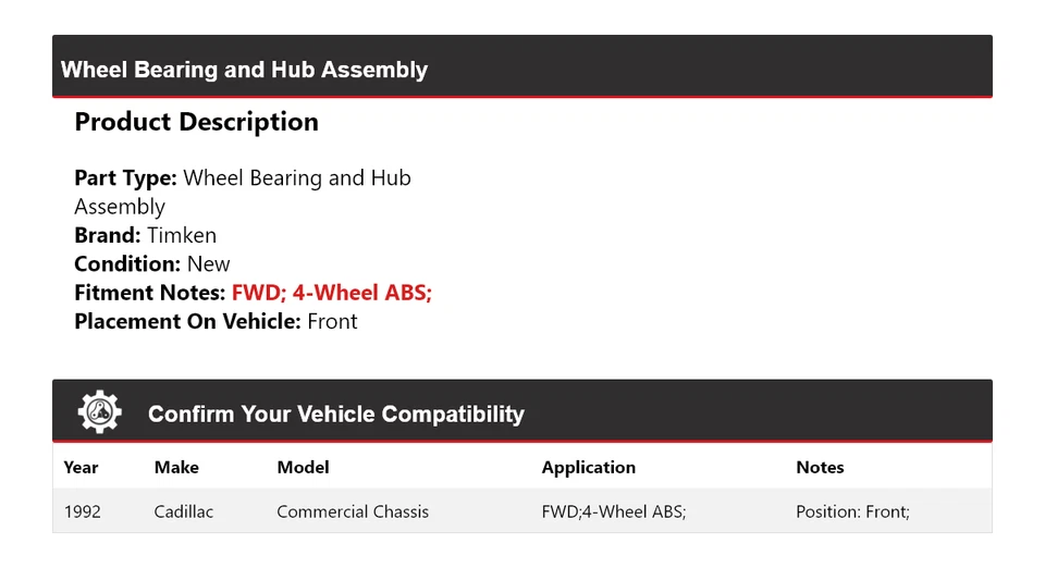 适用于 1992 凯迪拉克商用底盘 FWD 轮轴承和轮毂 Assy 前铁姆肯公司 — 第 2/4 张图片