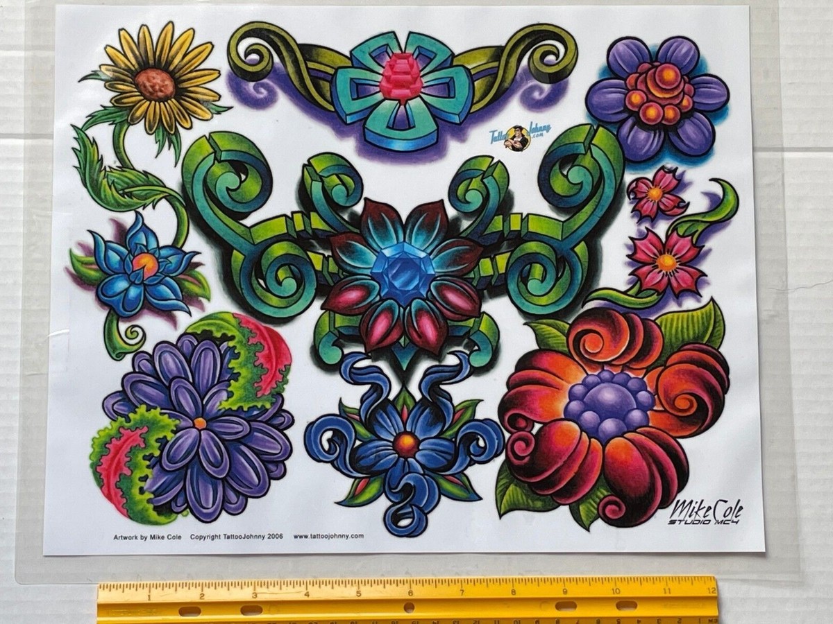 Vintage Art Tattoo Flash Sheet Mike Cole Studio MC4 Flowers /T294