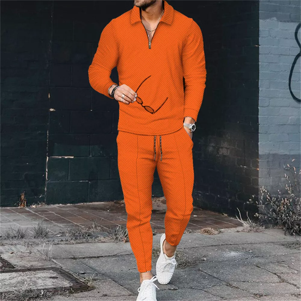 Mens Fashion Sweatsuit 2 Piece Stand Collar Full Zip Tracksuit Vintage  Style with Check Print Jacket and Pants Set 