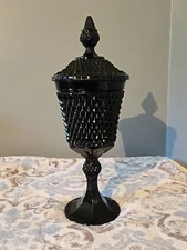 EUC! Tiara Indiana Glass Diamond Point Black Cameo Apothecary Jar With Lid