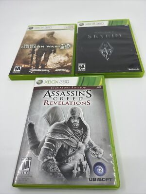 Xbox 360 3 Video Game Lot Untested Scratches On Discs Skyrim Assasins Creed S1