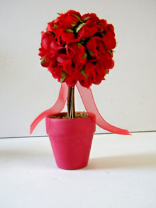 Topiary Tree 6" Red Floral Miniature Artificial Arrangement Pink Pot Red Ribbon