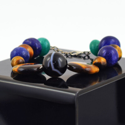 304 Cts Earth Mined 7'' Long Tiger Eye & Sapphire Beads Womens Bracelet JK-08E355