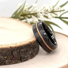 8mm Black Tungsten Christmas Gift Band High Polished Rose Gold Twisted Rope Ring