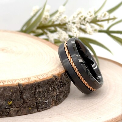 Rope Design Elegant Band 8mm Polished Black Tungsten Unisex Ring Rose Gold