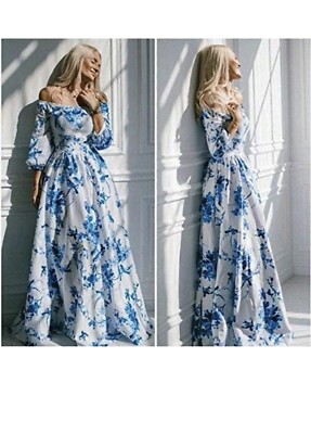 knee length dresses for ladies blue and white floral long sleeve maxi dress – Bella by Grace Co main image 1