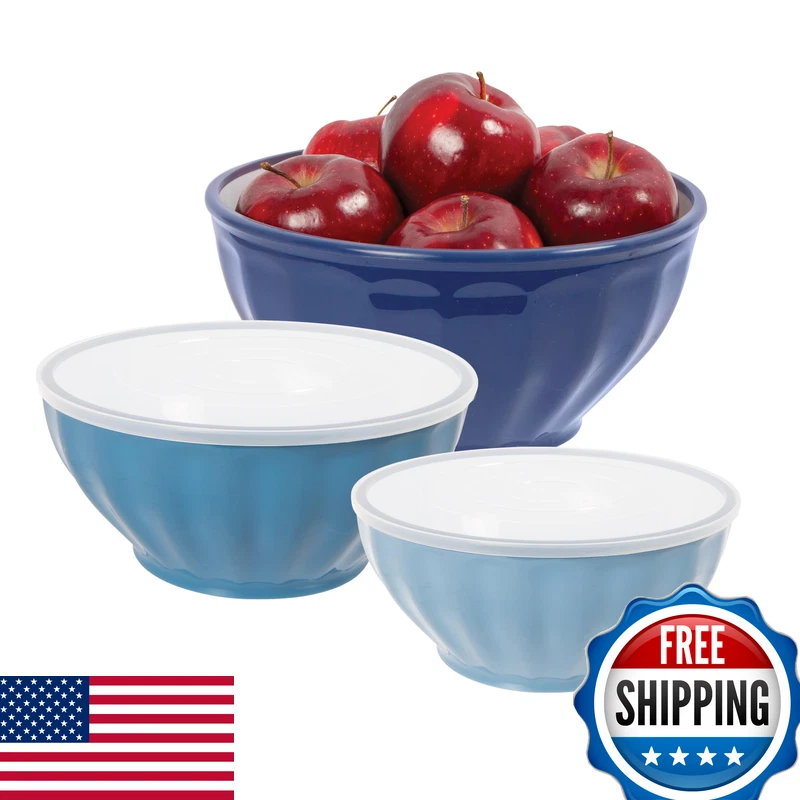 Oggi Set Of 3 Ribbed Mixing Bowls Lids - Nested Plastic Bowls For Kitchen