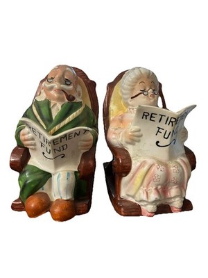 Vintage Lefton Retirement Fund Grandma Grandpa Ceramic Coin Banks Set