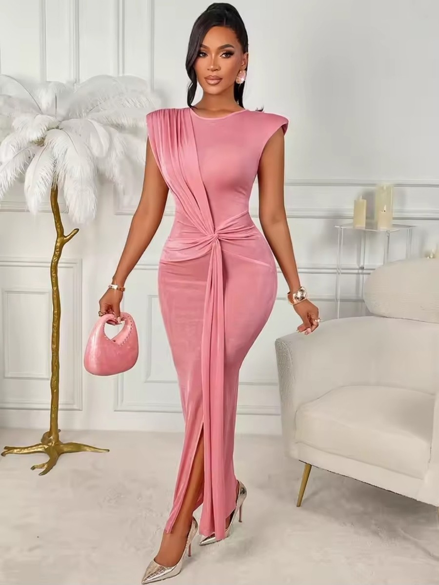 open lace back dress Pink Velvet Knot Detail Midaxi Dress main image 1