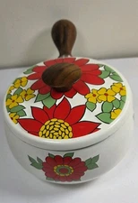 Vtg David Kamenstein Retro Enamel Fondue Pot Red Yellow Flowers Wood Handles