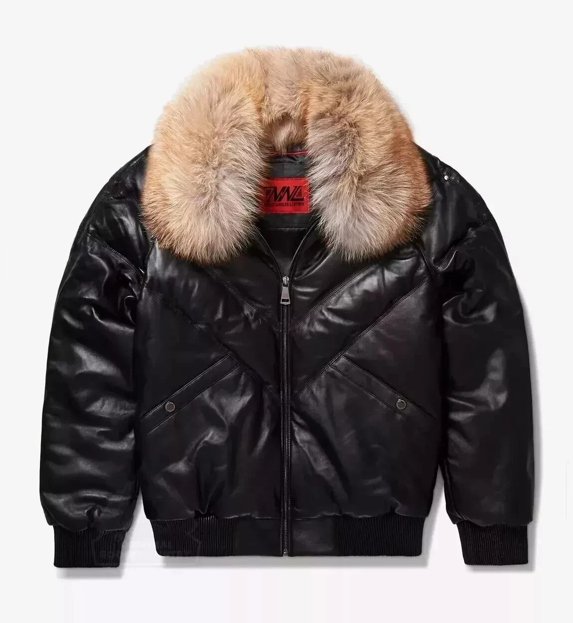 Black Sheepskin Soft Collar WARM Bomber Jacket Men's Ace Puffer Leather Jacket