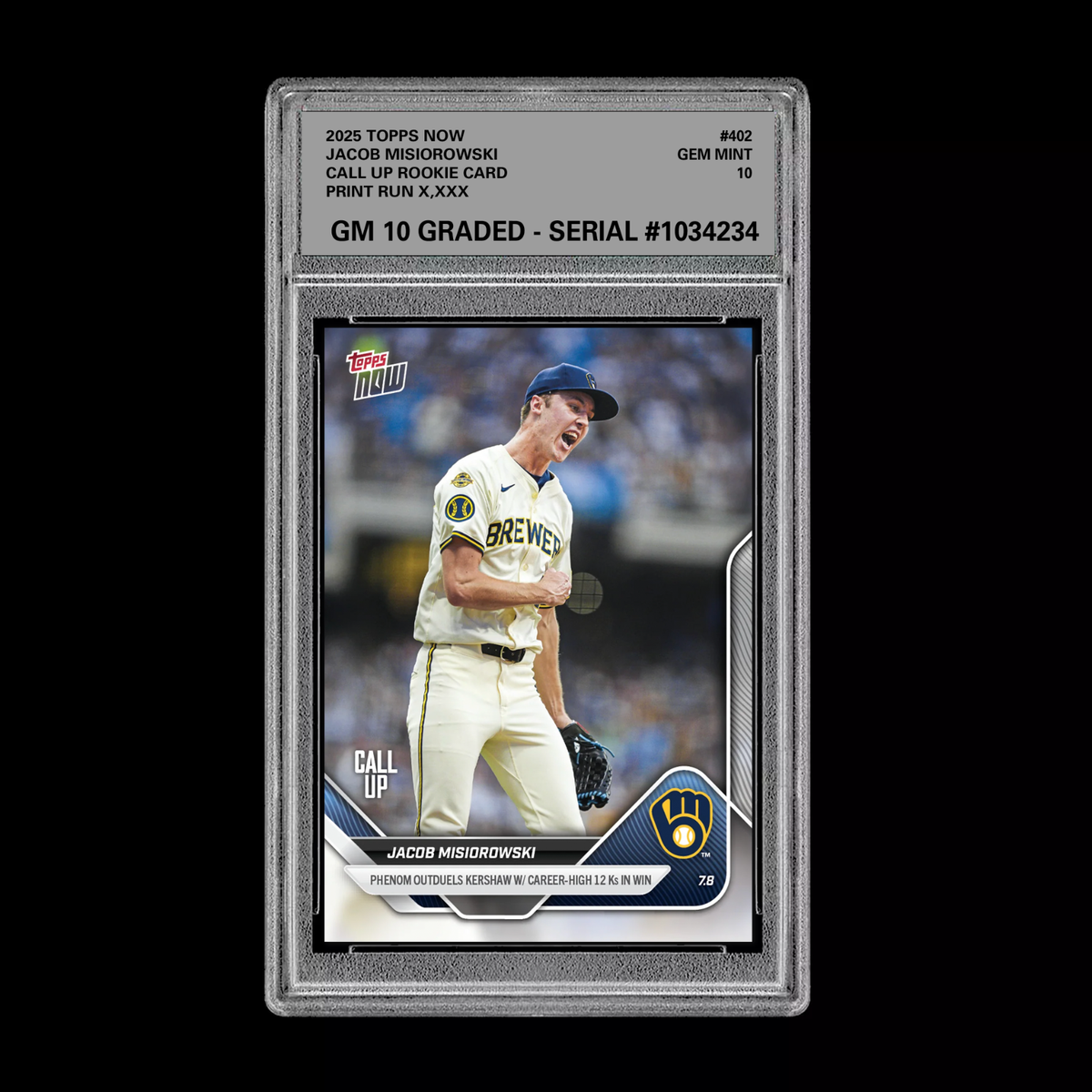 Graded 10 Jacob Misiorowski - 2025 TOPPS NOW #402 RC Rookie Call 