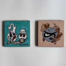 2 Southwest Hand Painted Tiles Coaster Trivet Teissedre USA Corn Feather Teal