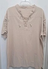 Women's V Neck Blouse 100 Cotton Size L Lace up Beige Short Sleeves.