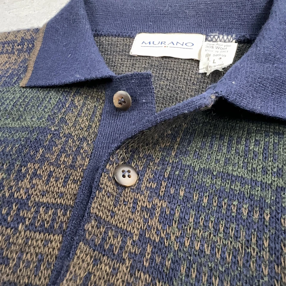 Suéter de Murano para Hombres Grande Azul Verde Marrón Tejido a Cuadros Cuello Polo Lana Italia Foto 4 de 4