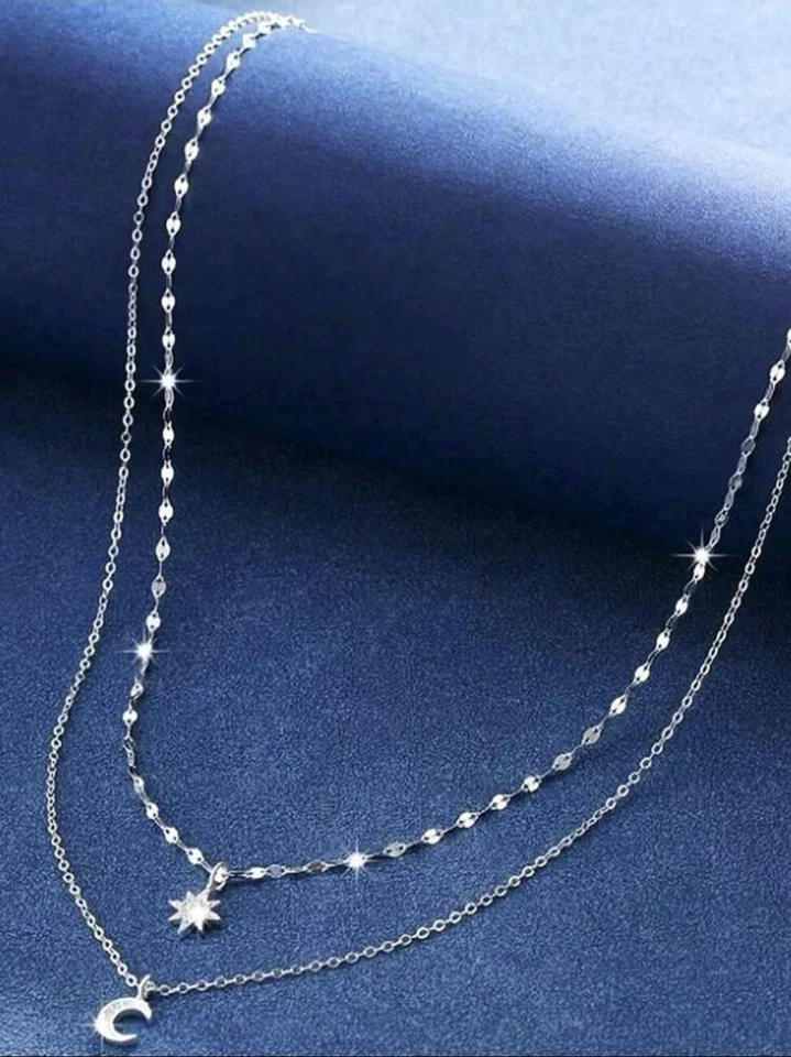 Collana Acciaio Inox Doppio Strato Luna E Stella Zirconi - Immagine 2 di 4