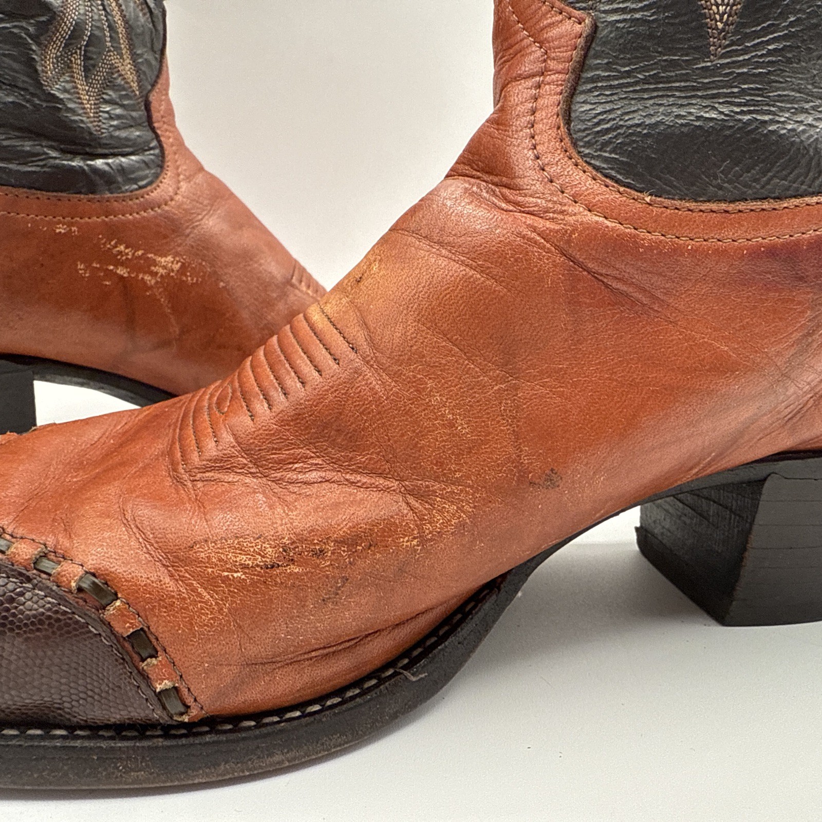 Vintage Men’s Tony Lama Cowboy Boots Two Tone Brown Lizard Wingtip Toe 11.5D USA