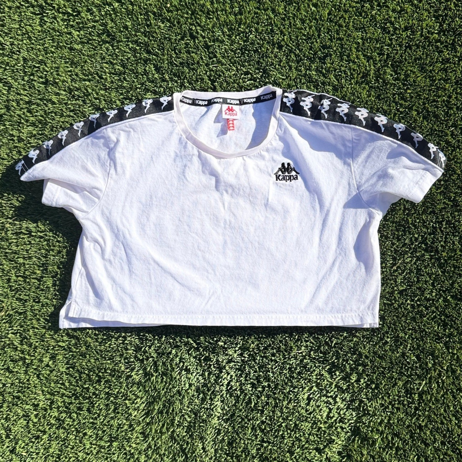 Kappa Womens White Logo Tape Cropped T-Shirt Medium Short Sleeve Cotton Tee