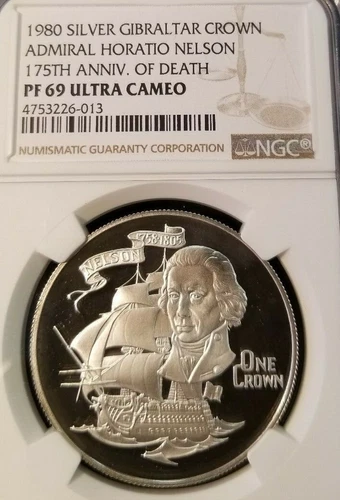 1980 GIBRALTAR SILVER CROWN ADMIRAL HORATIO NELSON NGC PF 69 ULTRA CAMEO TOP POP