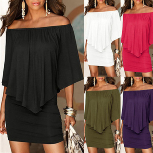 Women's Off Shoulder Cocktail Party Ruffle Short Sleeve Bodycon Mini Dress