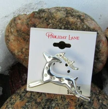 Flying REINDEER Brooch Pin Silver Tone Crystal Accent 1.5" Holiday Lane