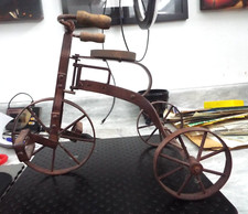 Vintage Decorative Iron Metal Tricycle 3-Wheel Bicycle, Wood Seat, Handles 12"