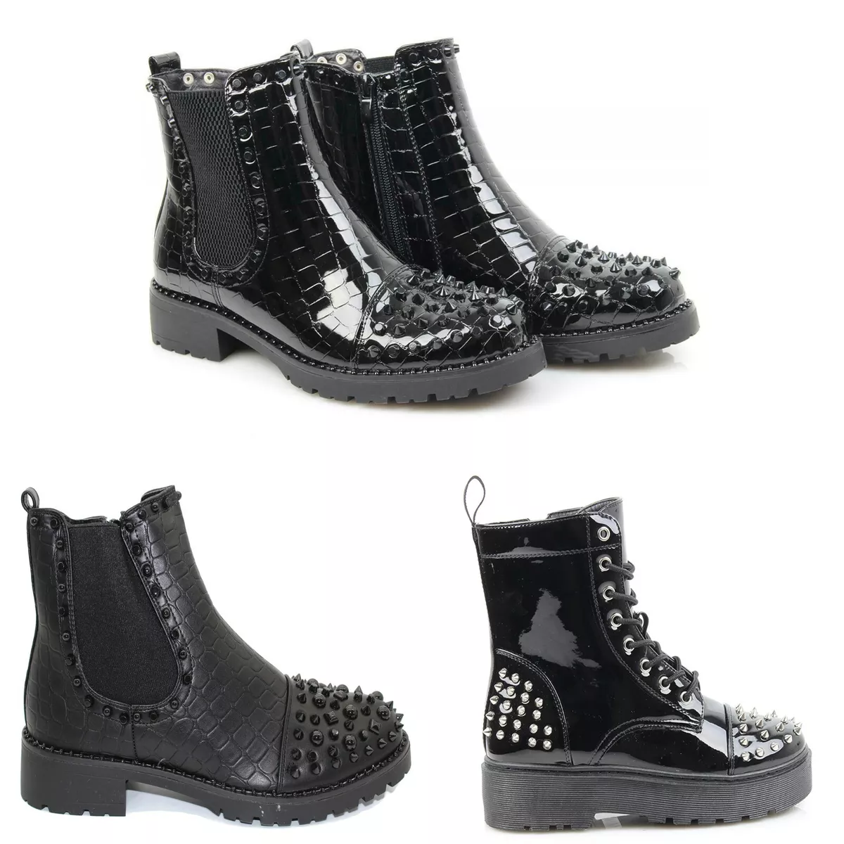 Womens Ladies Chelsea Boots Lace Zip Up Croc Studded Spikes Party Platform Shoes