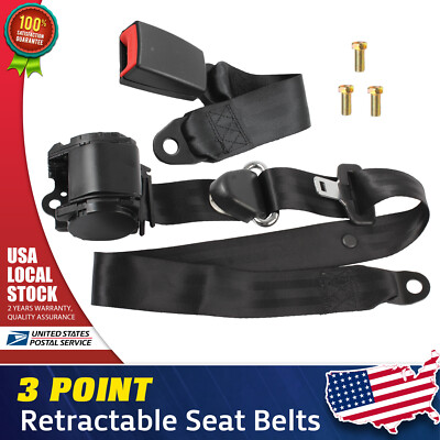 1PCS Black 3 Point Seat Front Belt Buckle Kit Automatic Retractable Safety Strap