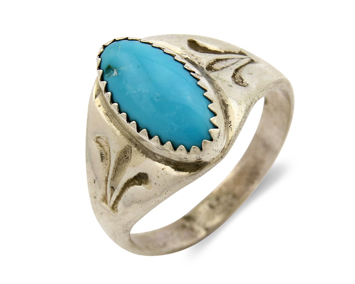Zuni Ring .925 Silver Kingman Turquoise Hand Stamped Native