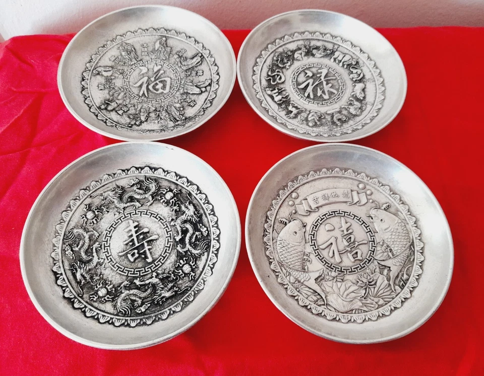 4 Chinese Little Silver Plates-Mythical/Dragon/Fortune/Longevity-福禄寿禧.D-9cm,430g - Image 3 of 4