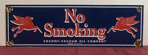 VINTAGE "NO SMOKING" PEGASUS MOBIL SOCONY-VACUUM OIL CO. PORCELAIN 16” SIGN